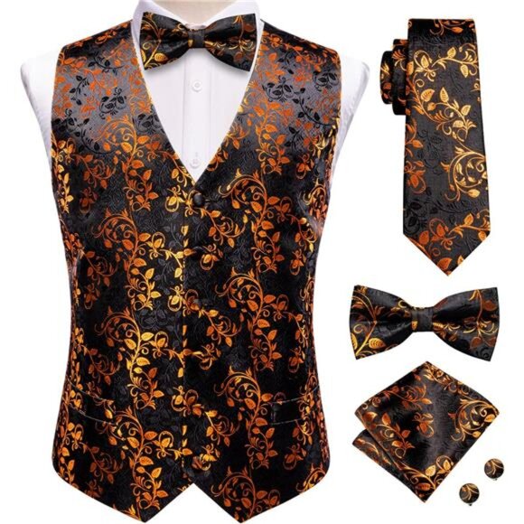 Men's Silk Vest Bowtie Set Formal Suit Vest Jacquard Tie Handkerchief - Picture 1 of 6